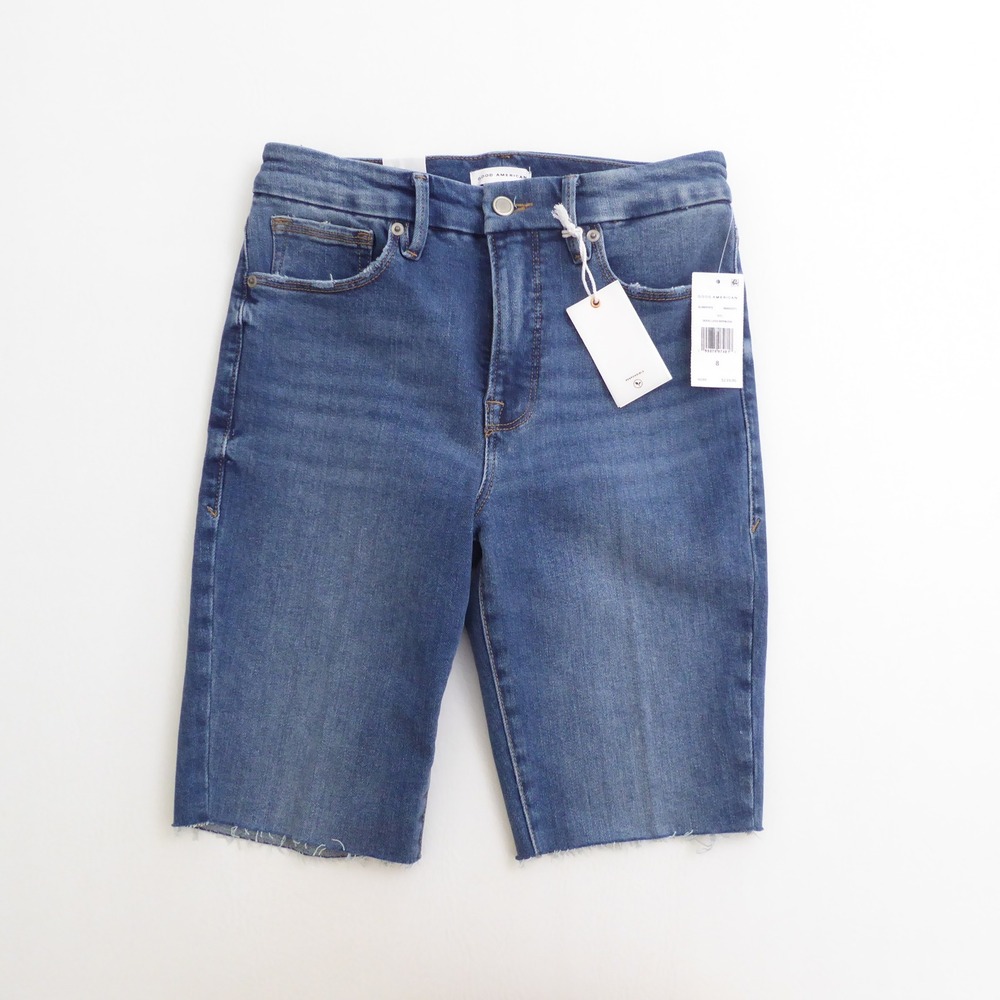 Good American Womens Good Legs Bermuda Denim Jean Shorts Raw Hem Blue Size 8